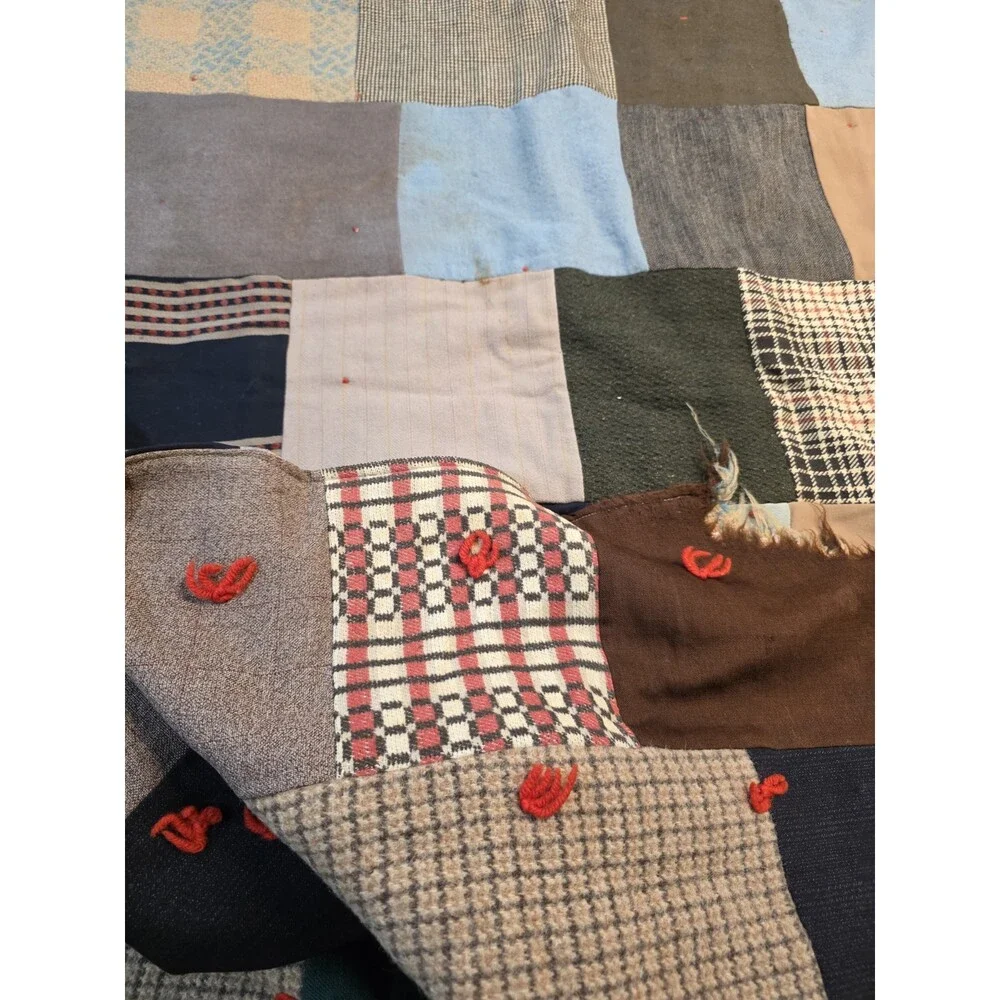 Vintage Handmade Wool Tied Patchwork Quilt 64x84 Plaid Houndstooth Suiting